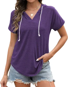 Poetsky Womens V Neck Long Short Sleeve Shirts Drawstring Hoodies Lightweight Pullover Tops
