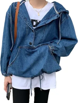 Sexyshine Women's Hooded Denim Sweatshirt Button Down Hoodie Pullover Loose Denim Blouse Jean Jacket With Big Pocket