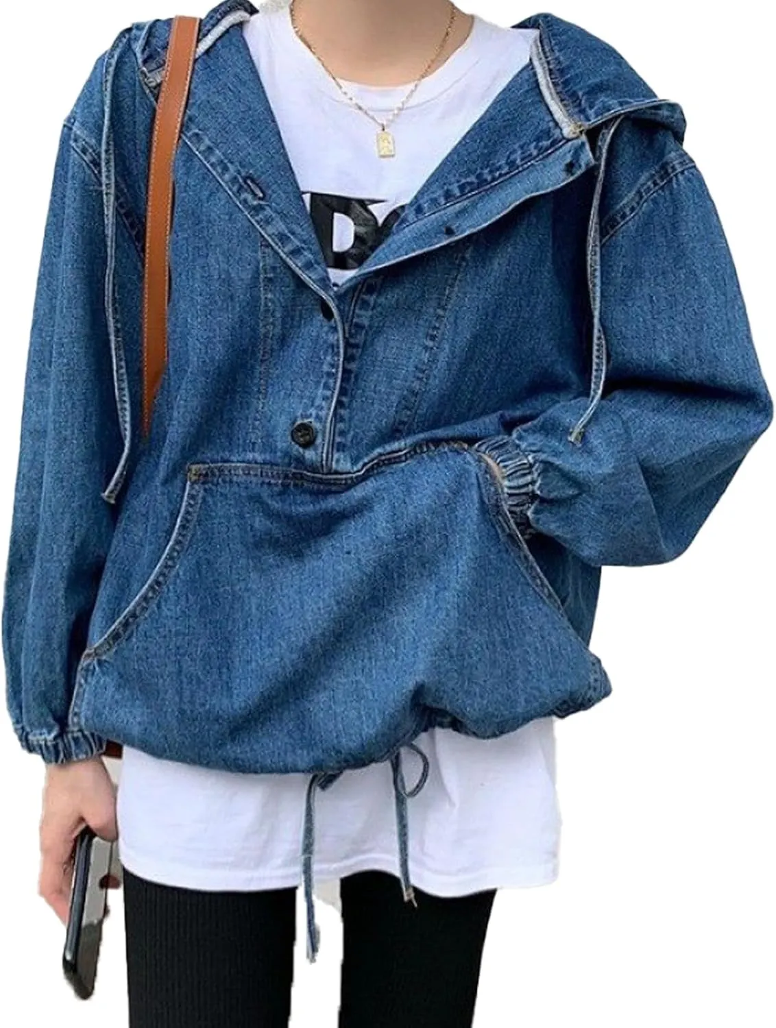 Sexyshine Women's Hooded Denim Sweatshirt Button Down Hoodie Pullover Loose Denim Blouse Jean Jacket With Big Pocket
