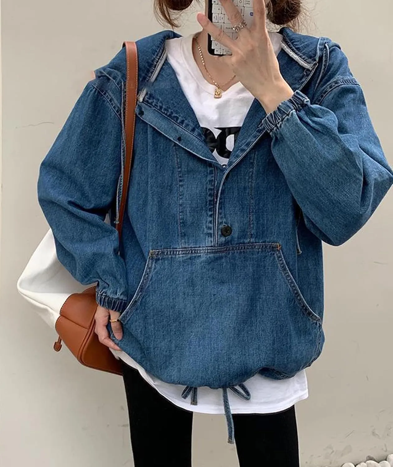 Sexyshine Women's Hooded Denim Sweatshirt Button Down Hoodie Pullover Loose Denim Blouse Jean Jacket With Big Pocket