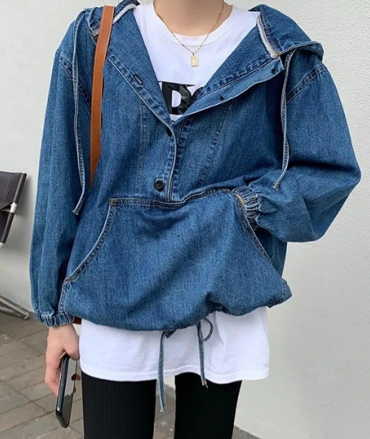 Sexyshine Women's Hooded Denim Sweatshirt Button Down Hoodie Pullover Loose Denim Blouse Jean Jacket With Big Pocket