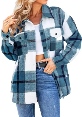 SHEJIZE Women's Casual Shacket Jacket Plaid Shirts Flannel Blouses Button-Down Shirts