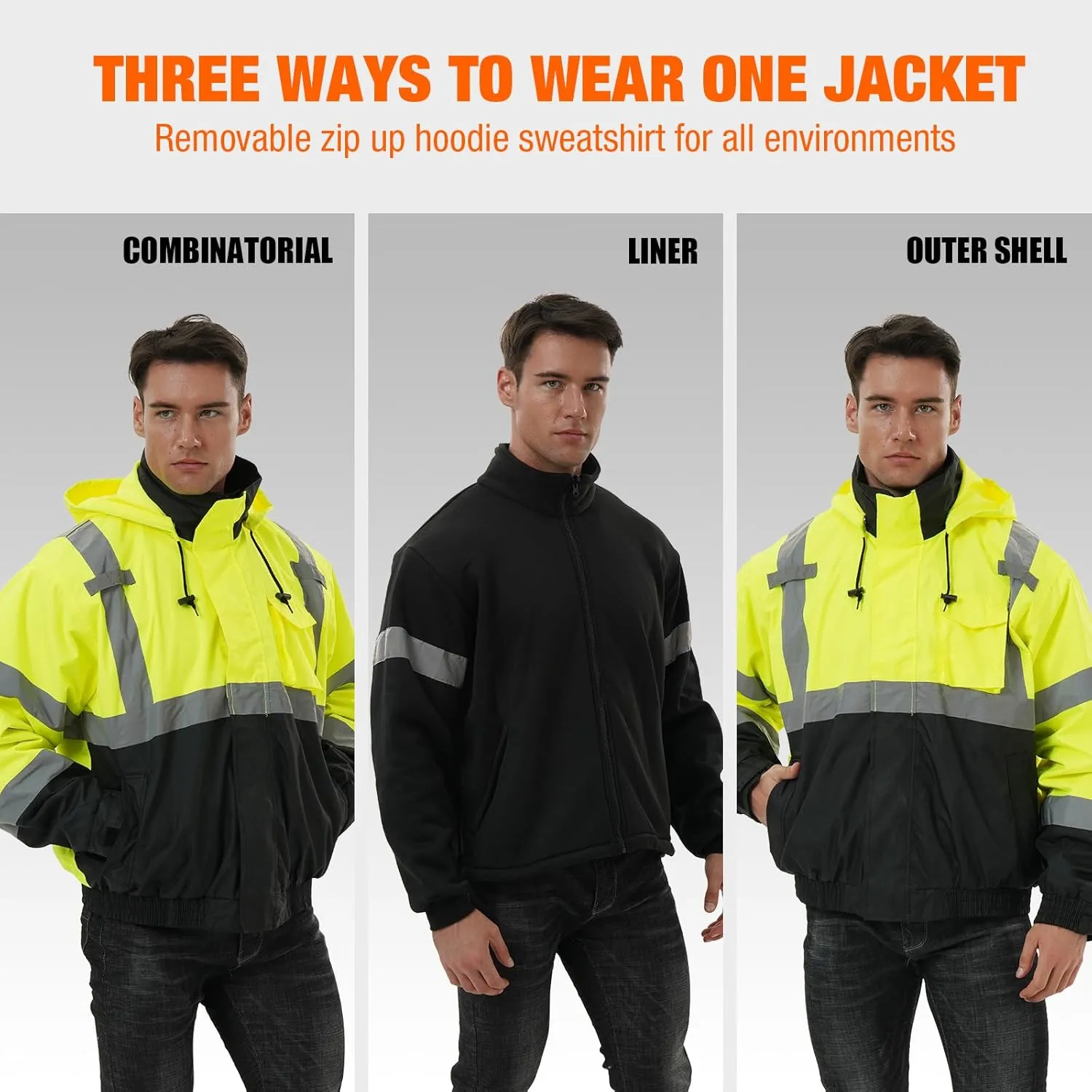 SKSAFETY 3-in-1 High Visibility Winter Bomber Jackets Zip Out Fleece Liner Reflective Safety Coats for men Waterproof ANSI/ISEA Class 3(Lime XL)