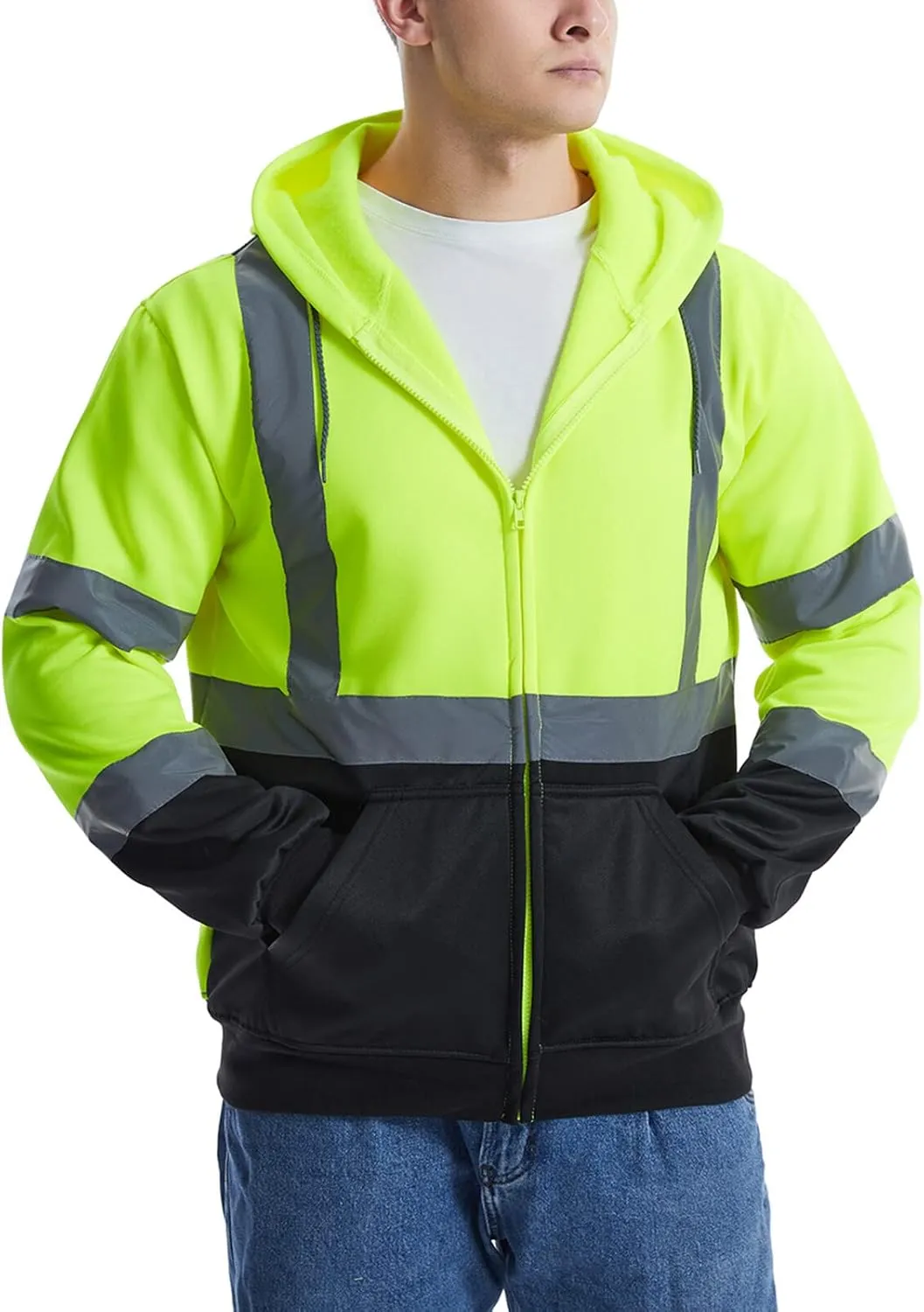 SKSAFETY Hi Vis Work Safety hoodies for Men - Class 3 High Visibility Reflective Hoodie Jacket, High Vis Zipper Hoodie with Black Bottom, Construction Sweatshirts with Pockets