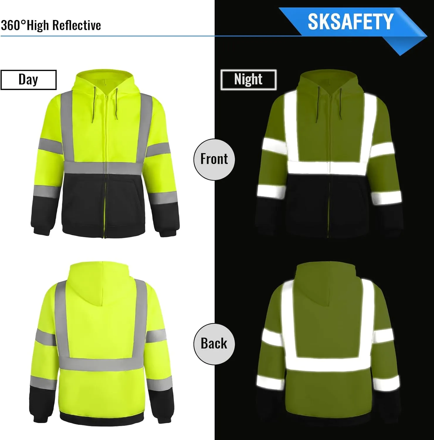 SKSAFETY Hi Vis Work Safety hoodies for Men - Class 3 High Visibility Reflective Hoodie Jacket, High Vis Zipper Hoodie with Black Bottom, Construction Sweatshirts with Pockets