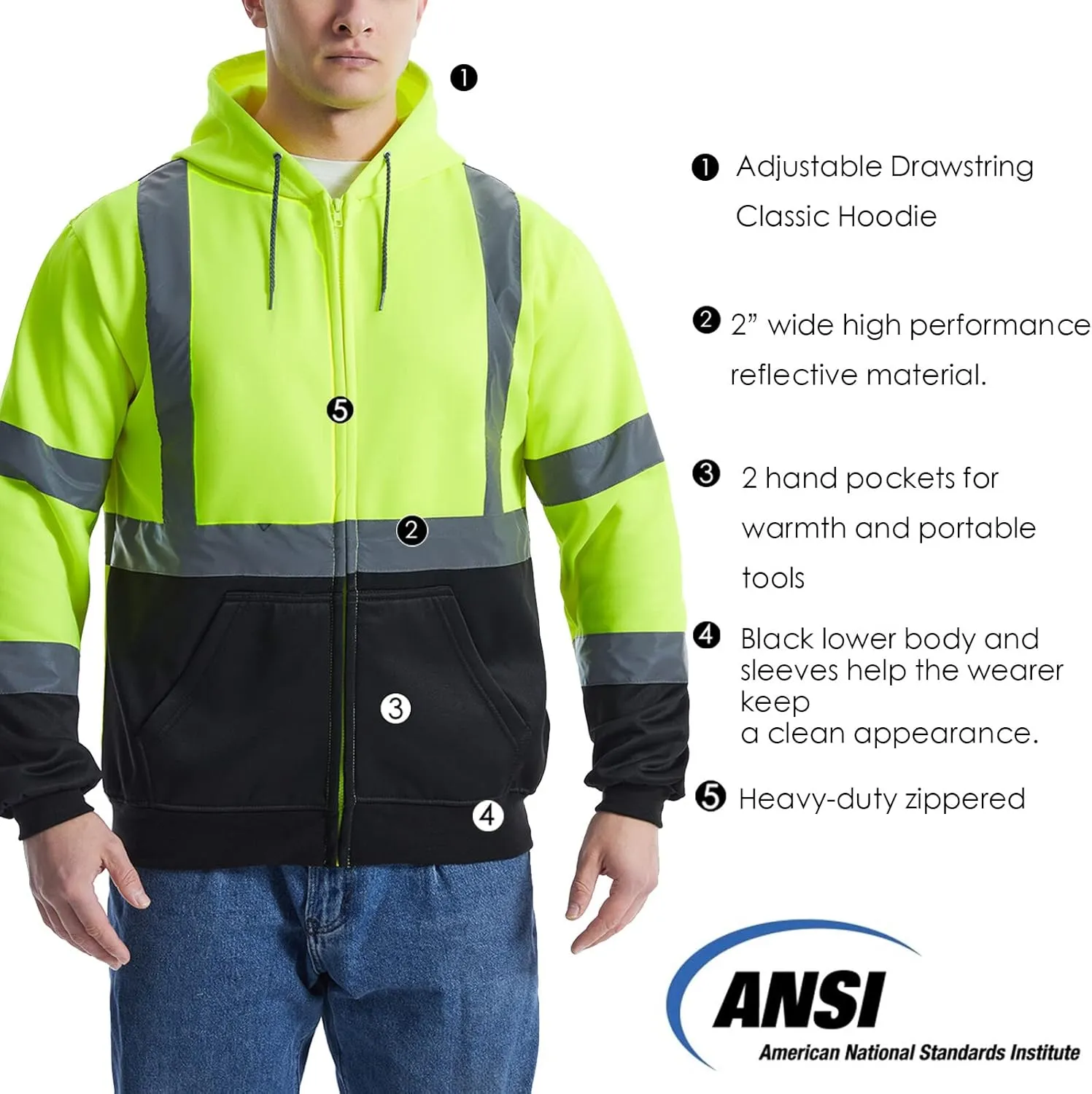SKSAFETY Hi Vis Work Safety hoodies for Men - Class 3 High Visibility Reflective Hoodie Jacket, High Vis Zipper Hoodie with Black Bottom, Construction Sweatshirts with Pockets