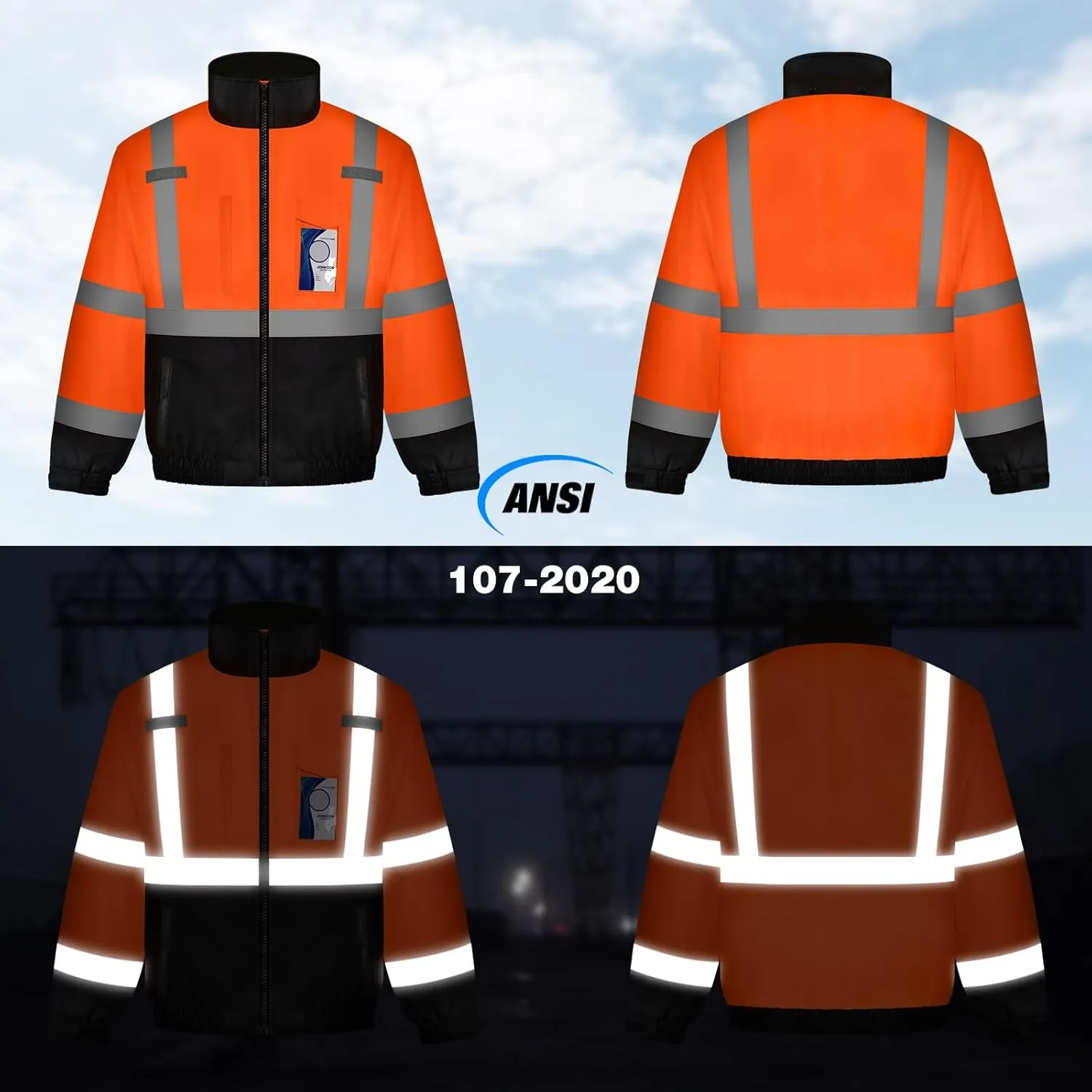 TCCFCCT Hi Vis Jackets for Men, Class 3 Reflective Safety Jackets for Men, Waterproof High Visibility Winter Bomber Rain Jacket for Mens Construction Work, High Vis Jacket, Meets Ansi, J-Orange XL