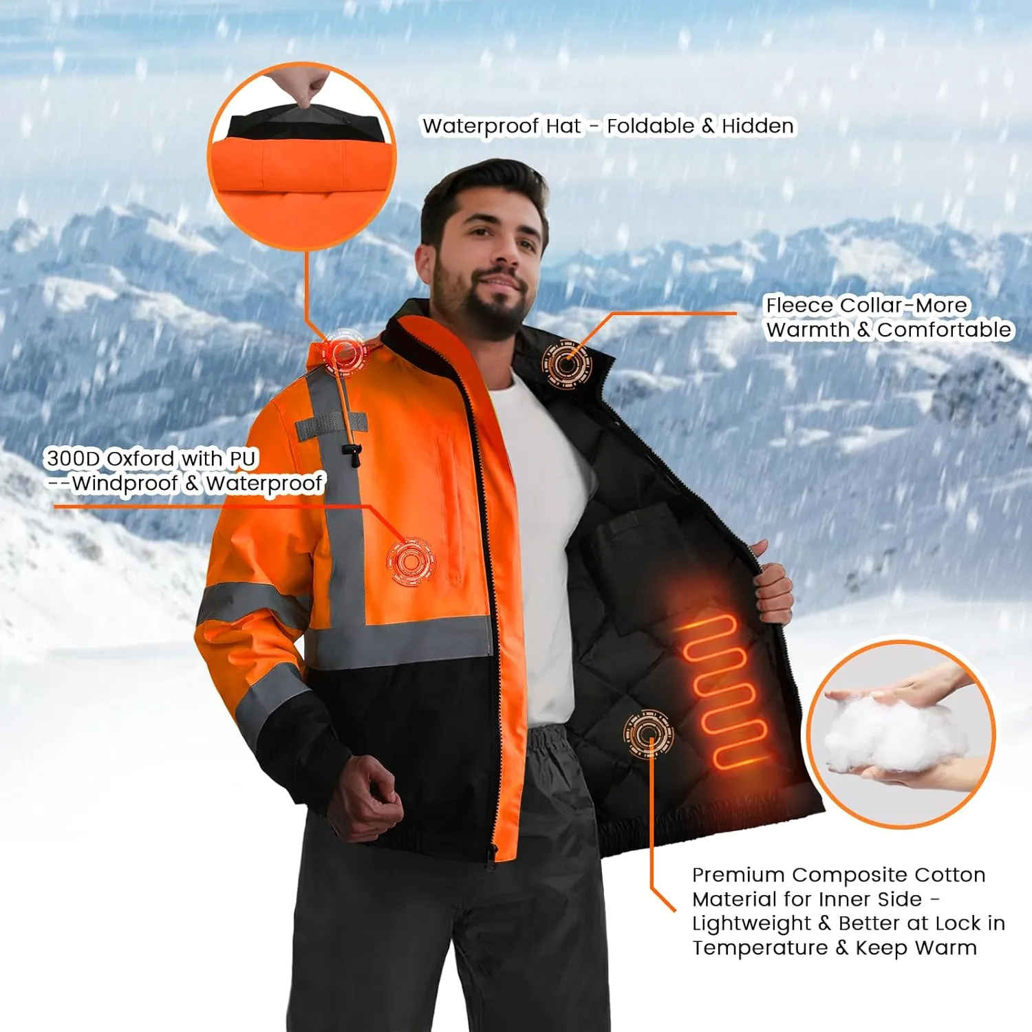 TCCFCCT Hi Vis Jackets for Men, Class 3 Reflective Safety Jackets for Men, Waterproof High Visibility Winter Bomber Rain Jacket for Mens Construction Work, High Vis Jacket, Meets Ansi, J-Orange XL