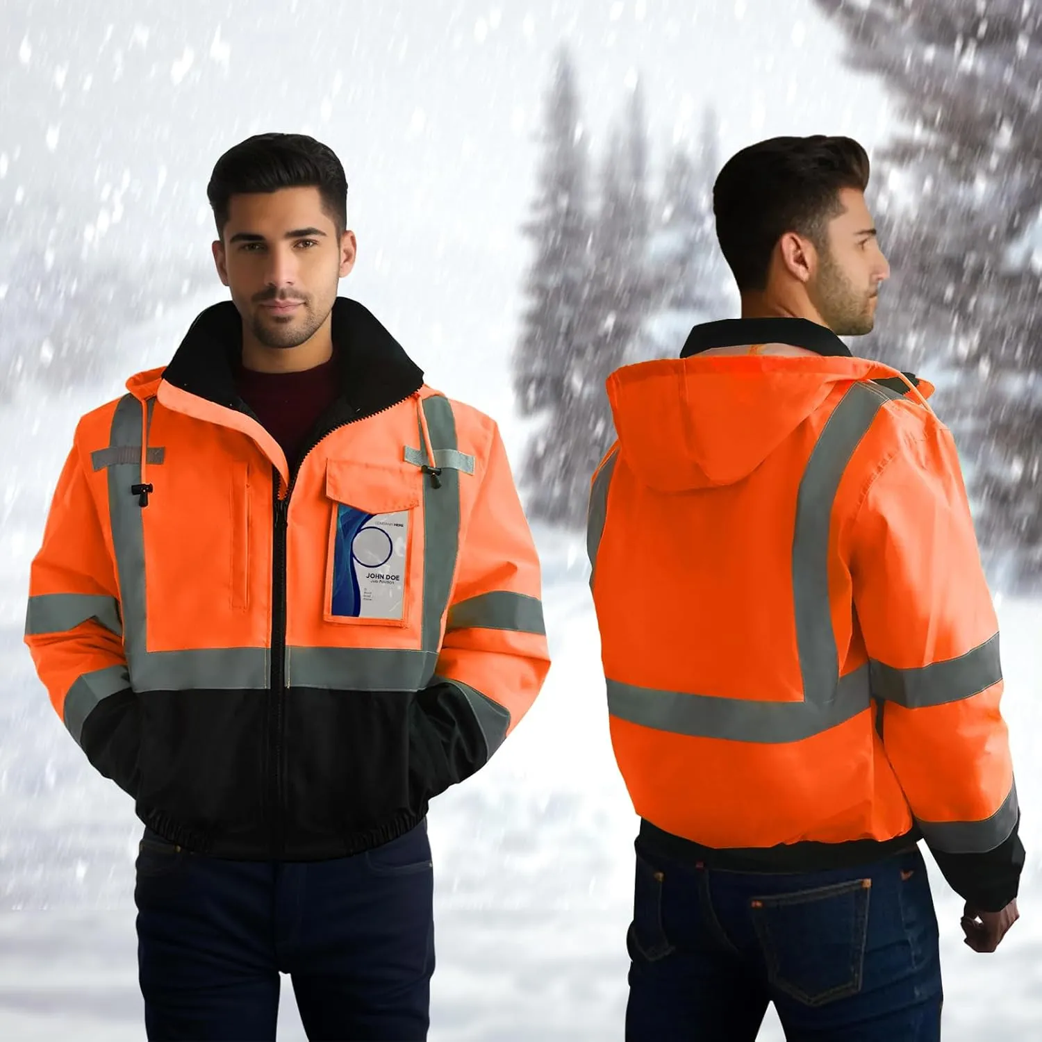 TCCFCCT Hi Vis Jackets for Men, Class 3 Reflective Safety Jackets for Men, Waterproof High Visibility Winter Bomber Rain Jacket for Mens Construction Work, High Vis Jacket, Meets Ansi, J-Orange XL