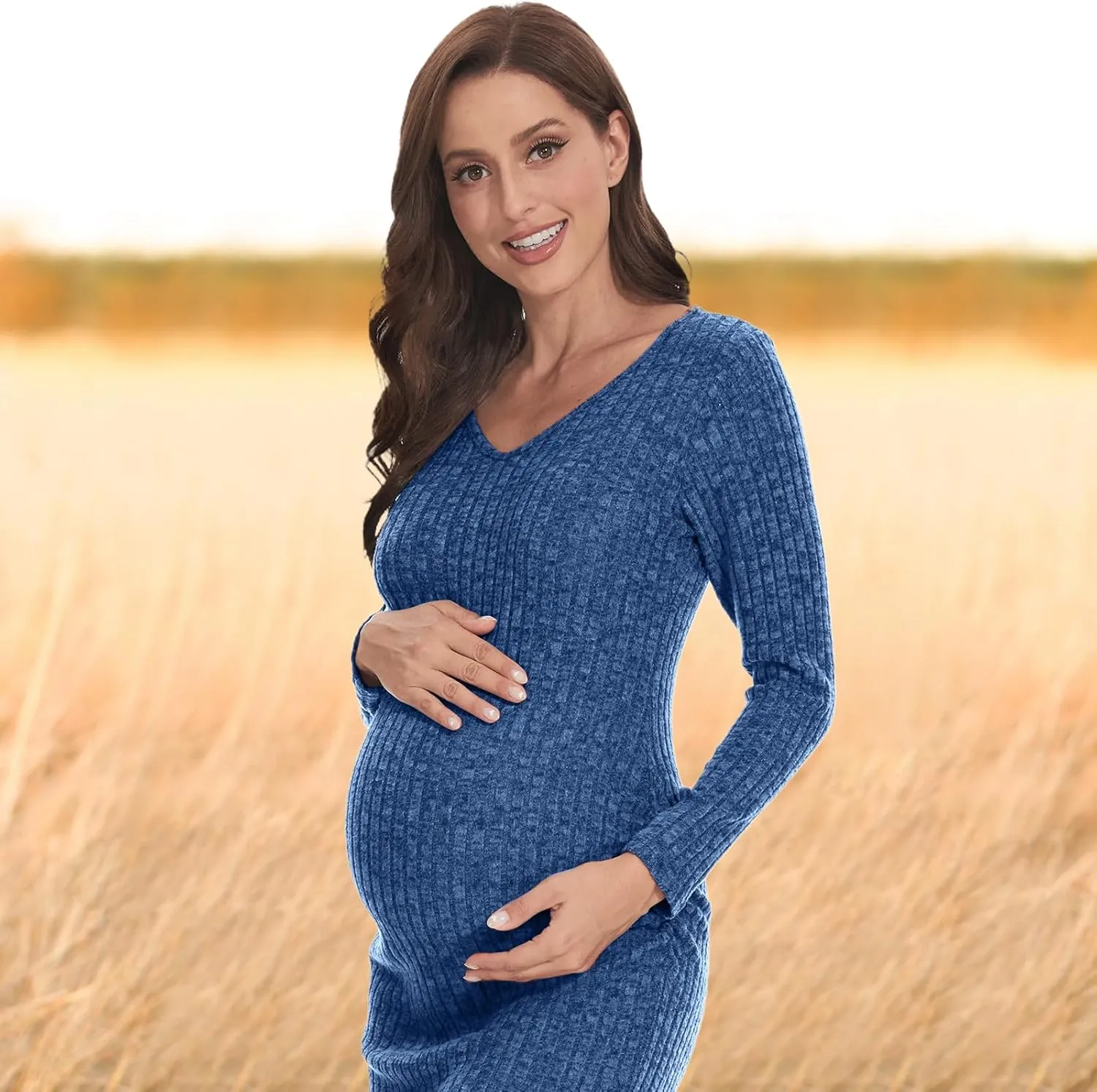 V Neck Side Ruch Knit Ribbed Maternity Bodycon Dress，Maternity Dress for Baby Shower