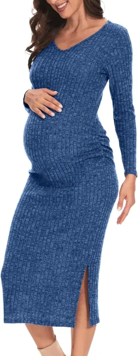 V Neck Side Ruch Knit Ribbed Maternity Bodycon Dress，Maternity Dress for Baby Shower