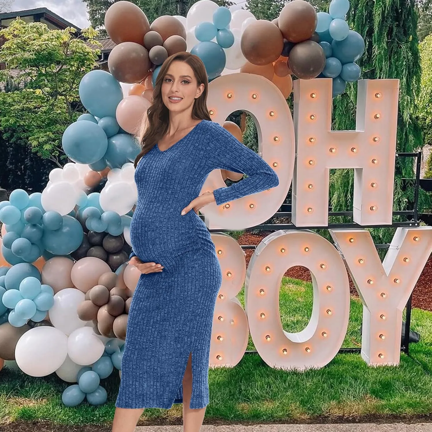 V Neck Side Ruch Knit Ribbed Maternity Bodycon Dress，Maternity Dress for Baby Shower