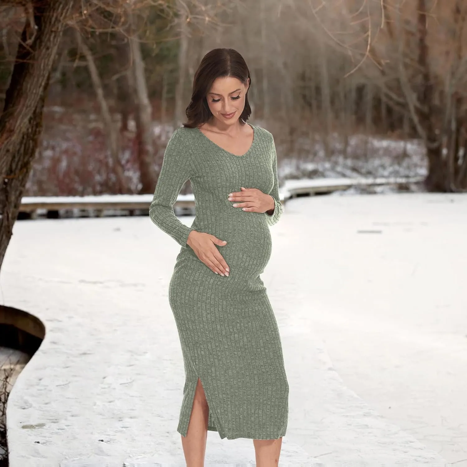 V Neck Side Ruch Knit Ribbed Maternity Bodycon Dress，Maternity Dress for Baby Shower