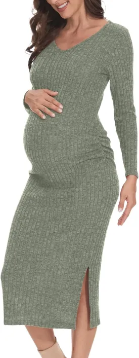 V Neck Side Ruch Knit Ribbed Maternity Bodycon Dress，Maternity Dress for Baby Shower