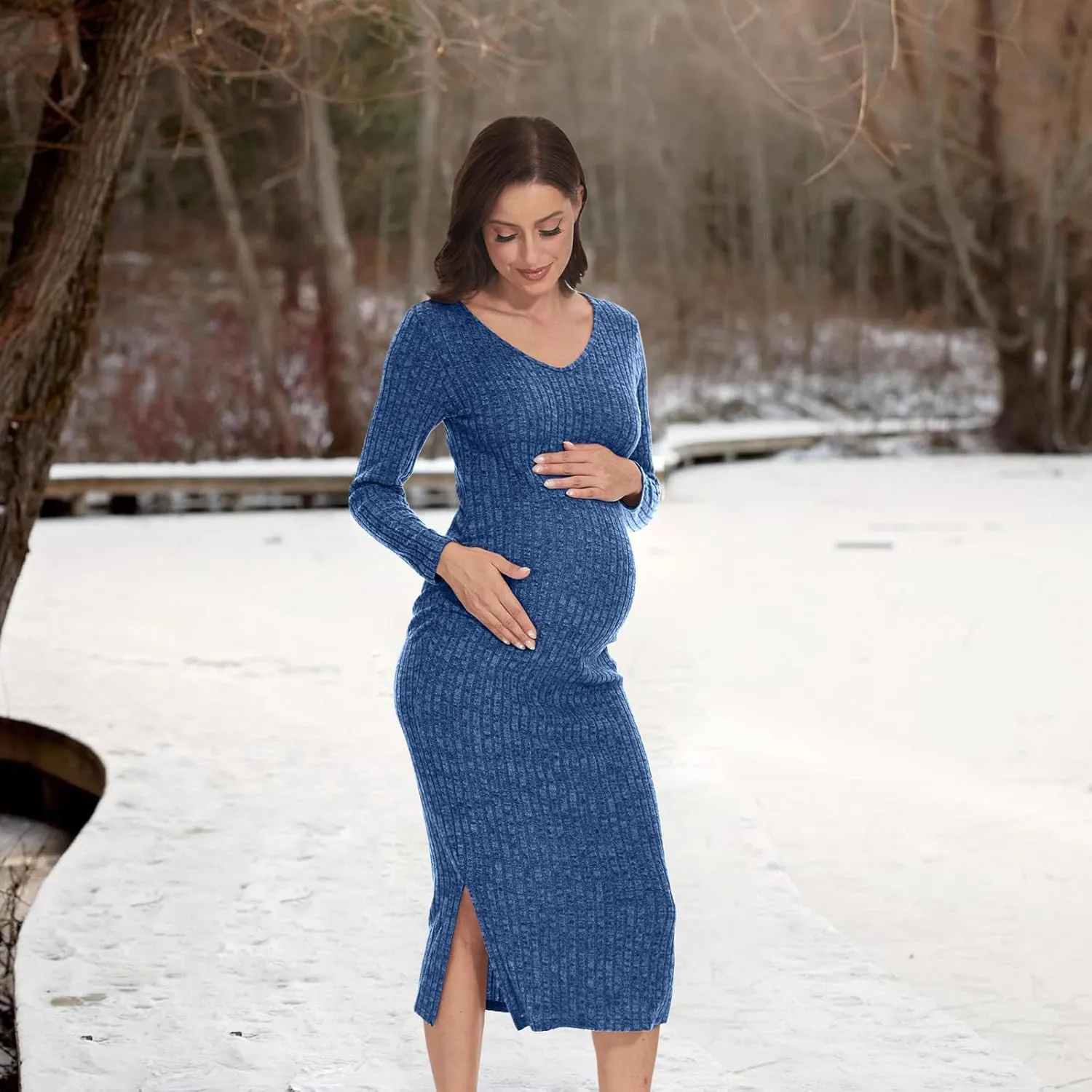 V Neck Side Ruch Knit Ribbed Maternity Bodycon Dress，Maternity Dress for Baby Shower
