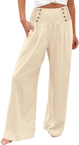 Womens Pants Summer Cotton Linen Wide Leg Pants Loose Palazzo Trouser Elastic Waist Pocket Button Casual Sweatpants